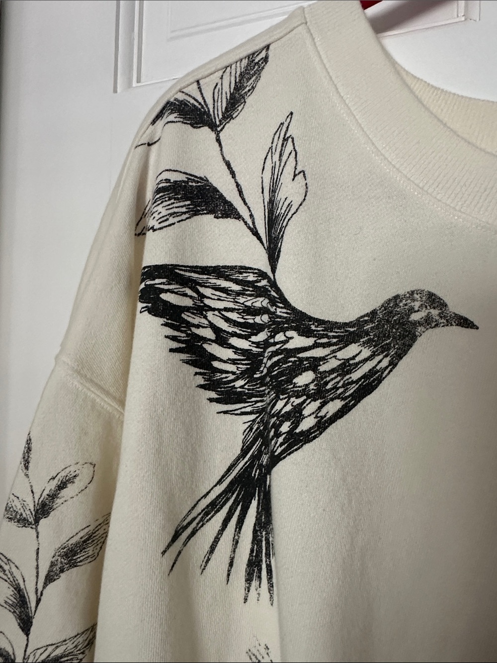Pilcro Cream Pullover Sweatshirt with Black Botanical & Bird Print - Picture 2 of 4